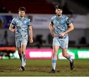 19 February 2021; Harry Byrne, right, and Ross Byrne of Leinster during the Guinness PRO14 match between Dragons and Leinster at Rodney Parade in Newport, Wales. Photo by Gareth Everett/Sportsfile