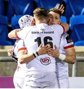 19 February 2021; Craig Gilroy of Ulster celebrates with team-mate Adam McBurney after scoring his side's second try during the Guinness PRO14 match between Glasgow Warriors and Ulster at Scotstoun Stadium in Glasgow, Scotland. Photo by Alan Harvey/Sportsfile