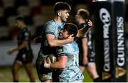 19 February 2021; Dan Sheehan of Leinster is congratulated by team-mate Harry Byrne after he scored his side's fourht try during the Guinness PRO14 match between Dragons and Leinster at Rodney Parade in Newport, Wales. Photo by Gareth Everett/Sportsfile