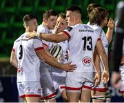 19 February 2021; James Hume and John Cooney of Ulster celebrate their side's third try during the Guinness PRO14 match between Glasgow Warriors and Ulster at Scotstoun Stadium in Glasgow, Scotland. Photo by Alan Harvey/Sportsfile