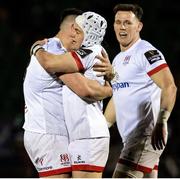 19 February 2021; Michael Lowry of Ulster celebrates his try with team-mate James Hume during the Guinness PRO14 match between Glasgow Warriors and Ulster at Scotstoun Stadium in Glasgow, Scotland. Photo by Alan Harvey/Sportsfile