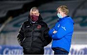 19 February 2021; Dragons head coach Dean Ryan chats with Leinster head coach Leo Cullen before the Guinness PRO14 match between Dragons and Leinster at Rodney Parade in Newport, Wales. Photo by Gareth Everett/Sportsfile
