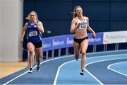 20 February 2021; Sarah McCarthy of Mid Sutton AC, Dublin, right, on her way to winning the Women's 200m ahead of Catherine McManus of Dublin City Harriers AC during day one of the Irish Life Health Elite Athlete Indoor Micro Meet at Sport Ireland National Indoor Arena at the Sport Ireland Campus in Dublin. Photo by Sam Barnes/Sportsfile