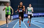 20 February 2021; Leon Reid of Menpians AC, Wexford, centre, on his way to winning the Men's 200m with an indoor personal best of 20.96, ahead of Marcus Lawler of St Laurence O'Toole AC, Carlow, left, who finished second, and Mark Smyth of Raheny Shamrock AC, Dublin, who finished third, during day one of the Irish Life Health Elite Athlete Indoor Micro Meet at Sport Ireland National Indoor Arena at the Sport Ireland Campus in Dublin. Photo by Sam Barnes/Sportsfile