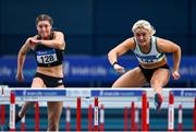 20 February 2021; Sarah Lavin of Emerald AC, Limerick, right, on her way to winning the Women's 60m Hurdles ahead of Kate O’Connor of Dundalk St Gerards AC, Louth, during day one of the Irish Life Health Elite Athlete Indoor Micro Meet at Sport Ireland National Indoor Arena at the Sport Ireland Campus in Dublin. Photo by Sam Barnes/Sportsfile
