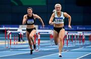 20 February 2021; Sarah Lavin of Emerald AC, Limerick, right, on her way to winning the Women's 60m Hurdles ahead of Kate O’Connor of Dundalk St Gerards AC, Louth, during day one of the Irish Life Health Elite Athlete Indoor Micro Meet at Sport Ireland National Indoor Arena at the Sport Ireland Campus in Dublin. Photo by Sam Barnes/Sportsfile