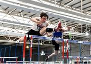 20 February 2021; Matthew Behan of Crusaders AC, Dublin, left, and Gerard O'Donnell of Carrick on Shannon AC, Leitrim, competing in the Men's 60m Hurdles during day one of the Irish Life Health Elite Athlete Indoor Micro Meet at Sport Ireland National Indoor Arena at the Sport Ireland Campus in Dublin. Photo by Sam Barnes/Sportsfile