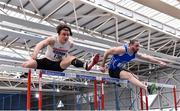 20 February 2021; Matthew Behan of Crusaders AC, Dublin, left, and Gerard O'Donnell of Carrick on Shannon AC, Leitrim, competing in the Men's 60m Hurdles during day one of the Irish Life Health Elite Athlete Indoor Micro Meet at Sport Ireland National Indoor Arena at the Sport Ireland Campus in Dublin. Photo by Sam Barnes/Sportsfile