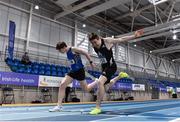 20 February 2021; Mark English of Finn Valley AC, Donegal, right, dips for the line to win the Men's 800m, ahead of Cian McPhillips of Longford AC,  left, who finished second, during day one of the Irish Life Health Elite Athlete Indoor Micro Meet at Sport Ireland National Indoor Arena at the Sport Ireland Campus in Dublin. Photo by Sam Barnes/Sportsfile