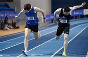 20 February 2021; Mark English of Finn Valley AC, Donegal, right, dips for the line to win the Men's 800m, ahead of Cian McPhillips of Longford AC,  left, who finished second, during day one of the Irish Life Health Elite Athlete Indoor Micro Meet at Sport Ireland National Indoor Arena at the Sport Ireland Campus in Dublin. Photo by Sam Barnes/Sportsfile