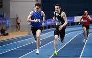 20 February 2021; Mark English of Finn Valley AC, Donegal, centre, on his way to winning the Men's 800m, ahead of Cian McPhillips of Longford AC,  left, who finished second, during day one of the Irish Life Health Elite Athlete Indoor Micro Meet at Sport Ireland National Indoor Arena at the Sport Ireland Campus in Dublin. Photo by Sam Barnes/Sportsfile