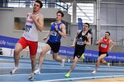 20 February 2021; Athletes, from left, Kevin Woods of Crusaders AC, Dublin, acting as pacer, followed by, Cian McPhillips of Longford AC,  Mark English of Finn Valley AC, Donegal, and John Fitzsimons of Kildare AC, competing in the Men's 800m during day one of the Irish Life Health Elite Athlete Indoor Micro Meet at Sport Ireland National Indoor Arena at the Sport Ireland Campus in Dublin. Photo by Sam Barnes/Sportsfile