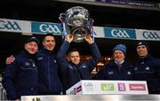 19 December 2020; Dublin manager Dessie Farrell, centre, lifts the Sam Maguire Cup with selectors and coaches, from left, Mick Galvin, Brian O'Regan, Shane O'Hanlon and Darren Daly after the GAA Football All-Ireland Senior Championship Final match between Dublin and Mayo at Croke Park in Dublin. Photo by Ray McManus/Sportsfile