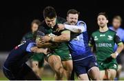 20 February 2021; Dave Heffernan of Connacht is tackled by Jason Tovey, left, and Owen Lane of Cardiff Blues during the Guinness PRO14 match between Connacht and Cardiff Blues at The Sportsground in Galway. Photo by Ramsey Cardy/Sportsfile