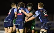 20 February 2021; Tom Daly of Connacht is tackled by Cardiff Blues players, from left, Rey Lee-Lo, Lloyd Williams, and Shane Lewis-Hughes during the Guinness PRO14 match between Connacht and Cardiff Blues at The Sportsground in Galway. Photo by Piaras Ó Mídheach/Sportsfile