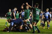 20 February 2021; Jack Aungier of Connacht celebrates a try by Jarrad Butler during the Guinness PRO14 match between Connacht and Cardiff Blues at The Sportsground in Galway. Photo by Ramsey Cardy/Sportsfile