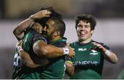 20 February 2021; Abraham Papali’i, left, celebrates with Connacht team-mate Bundee Aki after scoring his side's fourth try during the Guinness PRO14 match between Connacht and Cardiff Blues at The Sportsground in Galway. Photo by Ramsey Cardy/Sportsfile