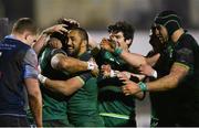 20 February 2021; Abraham Papali’i of Connacht celebrates with Connacht team-mates after scoring his side's fourth try during the Guinness PRO14 match between Connacht and Cardiff Blues at The Sportsground in Galway. Photo by Ramsey Cardy/Sportsfile