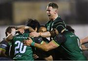 20 February 2021; Abraham Papali’i of Connacht celebrates with Connacht team-mates after scoring his side's fourth try during the Guinness PRO14 match between Connacht and Cardiff Blues at The Sportsground in Galway. Photo by Ramsey Cardy/Sportsfile