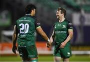 20 February 2021; Abraham Papali’i celebrates with Connacht team-mate Jack Carty, right, after scoring his side's fourth try during the Guinness PRO14 match between Connacht and Cardiff Blues at The Sportsground in Galway. Photo by Ramsey Cardy/Sportsfile