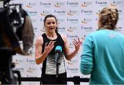 21 February 2021; Phil Healy of Bandon AC, Cork, centre, is interviewed by Evanne Ní Chuilinn for RTÉ after winning the Women's 400m, with a PB of 51.99, during day two of the Irish Life Health Elite Athlete Indoor Micro Meet at Sport Ireland National Indoor Arena at the Sport Ireland Campus in Dublin. Photo by Sam Barnes/Sportsfile