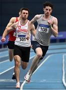 21 February 2021; Cillín Greene of Galway City Harriers AC, Galway, right, leads the field after the first lap whilst competing in the Men's 400m  during day two of the Irish Life Health Elite Athlete Indoor Micro Meet at Sport Ireland National Indoor Arena at the Sport Ireland Campus in Dublin. Photo by Sam Barnes/Sportsfile