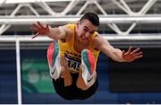 21 February 2021; Shane Howard of Bandon AC, Cork, competing in the Men's Long Jump during day two of the Irish Life Health Elite Athlete Indoor Micro Meet at Sport Ireland National Indoor Arena at the Sport Ireland Campus in Dublin. Photo by Sam Barnes/Sportsfile