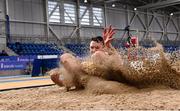 21 February 2021; Shane Howard of Bandon AC, Cork, competing in the Men's Long Jump during day two of the Irish Life Health Elite Athlete Indoor Micro Meet at Sport Ireland National Indoor Arena at the Sport Ireland Campus in Dublin. Photo by Sam Barnes/Sportsfile
