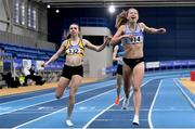 21 February 2021; Georgie Hartigan of Dundrum South Dublin AC, Dublin, right, reacts after she crosses the line to win the Women's 800m, ahead of Louise Shanahan of Leevale AC, Cork, left, who finished second, during day two of the Irish Life Health Elite Athlete Indoor Micro Meet at Sport Ireland National Indoor Arena at the Sport Ireland Campus in Dublin. Photo by Sam Barnes/Sportsfile