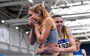 21 February 2021; Georgie Hartigan of Dundrum South Dublin AC, Dublin, left, reacts after winning in the Women's 800m with a PB of 2:01.48, as she is congratulated by Louise Shanahan of Leevale, Cork, right, during day two of the Irish Life Health Elite Athlete Indoor Micro Meet at Sport Ireland National Indoor Arena at the Sport Ireland Campus in Dublin. Photo by Sam Barnes/Sportsfile