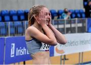 21 February 2021; Georgie Hartigan of Dundrum South Dublin AC, Dublin, reacts after winning in the Women's 800m with a PB of 2:01.48, during day two of the Irish Life Health Elite Athlete Indoor Micro Meet at Sport Ireland National Indoor Arena at the Sport Ireland Campus in Dublin. Photo by Sam Barnes/Sportsfile