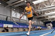 21 February 2021; Luke McCann of UCD AC, Dublin, crosses the line to win the Men's 1500m ahead of John Travers of Donore Harriers, Dublin, who finished second, during day two of the Irish Life Health Elite Athlete Indoor Micro Meet at Sport Ireland National Indoor Arena at the Sport Ireland Campus in Dublin. Photo by Sam Barnes/Sportsfile