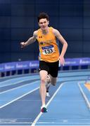 21 February 2021; Luke McCann of UCD AC, Dublin, crosses the line to win the Men's 1500m during day two of the Irish Life Health Elite Athlete Indoor Micro Meet at Sport Ireland National Indoor Arena at the Sport Ireland Campus in Dublin. Photo by Sam Barnes/Sportsfile