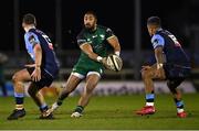 20 February 2021; Bundee Aki of Connacht, supported by teammate Jack Carty, left, in action against Harri Millard of Cardiff Blues during the Guinness PRO14 match between Connacht and Cardiff Blues at The Sportsground in Galway. Photo by Piaras Ó Mídheach/Sportsfile