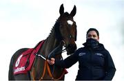 21 February 2021; Tiger Roll is led by stablehand Mary Nugent ahead of the Ladbrokes Ireland Boyne hurdle at Navan Racecourse in Meath. Photo by David Fitzgerald/Sportsfile