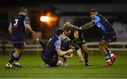 20 February 2021; Eoghan Masterson of Connacht, supported by teammate Finlay Bealham, right, is tackled by Seb Davies of Cardiff Blues as Dmitri Arhip, left, and Rey Lee-Lo look on during the Guinness PRO14 match between Connacht and Cardiff Blues at The Sportsground in Galway. Photo by Piaras Ó Mídheach/Sportsfile