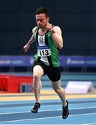 21 February 2021; Dean Adams of Ballymena & Antrim AC, Antrim, competing in the Men's 60m during day two of the Irish Life Health Elite Athlete Indoor Micro Meet at Sport Ireland National Indoor Arena at the Sport Ireland Campus in Dublin. Photo by Sam Barnes/Sportsfile