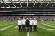 1 September 2019; Referee David Gough and his umpires before the GAA Football All-Ireland Senior Championship Final match between Dublin and Kerry at Croke Park in Dublin.