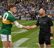 1 September 2019; Referee David Gough shakes hands with Kerry captain Gavin White before the GAA Football All-Ireland Senior Championship Final match between Dublin and Kerry at Croke Park in Dublin.
