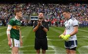 1 September 2019; Referee David Gough performs the coin toss with team captains Gavin White of Kerry and Stephen Cluxton of Dublin before the GAA Football All-Ireland Senior Championship Final match between Dublin and Kerry at Croke Park in Dublin.