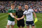 1 September 2019; Referee David Gough with team captains Gavin White of Kerry and Stephen Cluxton of Dublin before the GAA Football All-Ireland Senior Championship Final match between Dublin and Kerry at Croke Park in Dublin.