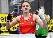 25 February 2021; (EDITORS NOTE: Image contains profanity) Michaela Walsh of Ireland following her defeat to Karina Razabekova of Russia in their women's lightweight 57kg quarter-final bout during the AIBA Strandja Memorial Boxing Tournament at Sofia in Bulgaria. Photo by Alex Nicodim/Sportsfile