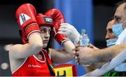 25 February 2021; Michaela Walsh of Ireland prior to her women's lightweight 57kg quarter-final bout with Karina Tazabekova of Russia during the AIBA Strandja Memorial Boxing Tournament at Sofia in Bulgaria. Photo by Alex Nicodim/Sportsfile