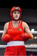 25 February 2021; Michaela Walsh of Ireland competes in her women's lightweight 57kg quarter-final bout with Karina Tazabekova of Russia during the AIBA Strandja Memorial Boxing Tournament at Sofia in Bulgaria. Photo by Alex Nicodim/Sportsfile