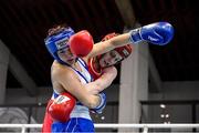 25 February 2021; Michaela Walsh of Ireland, right, and Karina Tazabekova of Russia compete in their women's lightweight 57kg quarter-final bout during the AIBA Strandja Memorial Boxing Tournament at Sofia in Bulgaria. Photo by Alex Nicodim/Sportsfile