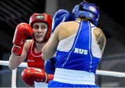 25 February 2021; Michaela Walsh of Ireland, left, and Karina Tazabekova of Russia compete in their women's lightweight 57kg quarter-final bout during the AIBA Strandja Memorial Boxing Tournament at Sofia in Bulgaria. Photo by Alex Nicodim/Sportsfile