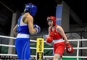 25 February 2021; Michaela Walsh of Ireland, right, and Karina Tazabekova of Russia compete in their women's lightweight 57kg quarter-final bout during the AIBA Strandja Memorial Boxing Tournament at Sofia in Bulgaria. Photo by Alex Nicodim/Sportsfile