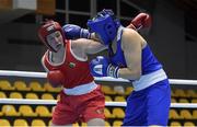 25 February 2021; Aoife O'Rourke of Ireland, left, and Sennur Demir of Turkey compete in their women's middleweight 75kg quarter-final at the AIBA Strandja Memorial Boxing Tournament Quarter-Finals in Sofia, Bulgaria. Photo by Alex Nicodim/Sportsfile