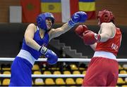 25 February 2021; Sennur Demir of Turkey and Aoife O'Rourke of Ireland, right, compete in their women's middleweight 75kg quarter-final at the AIBA Strandja Memorial Boxing Tournament Quarter-Finals in Sofia, Bulgaria. Photo by Alex Nicodim/Sportsfile