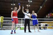 25 February 2021; Aoife O'Rourke of Ireland, left, is declared victorious over Sennur Demir of Turkey following their women's middleweight 75kg quarter-final at the AIBA Strandja Memorial Boxing Tournament Quarter-Finals in Sofia, Bulgaria. Photo by Alex Nicodim/Sportsfile